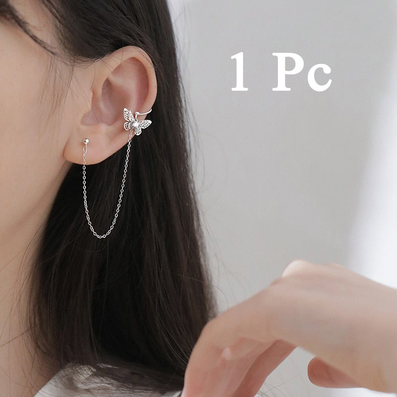 Zircon Pearl Chain Asymmetrical Butterfly Earrings