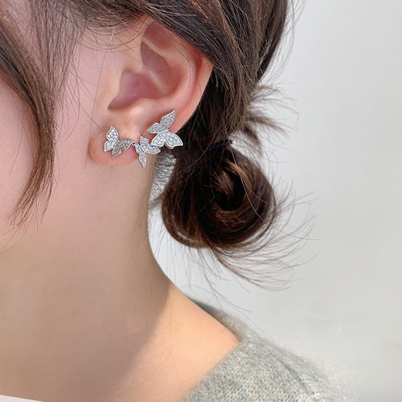 Zircon Pearl Chain Asymmetrical Butterfly Earrings