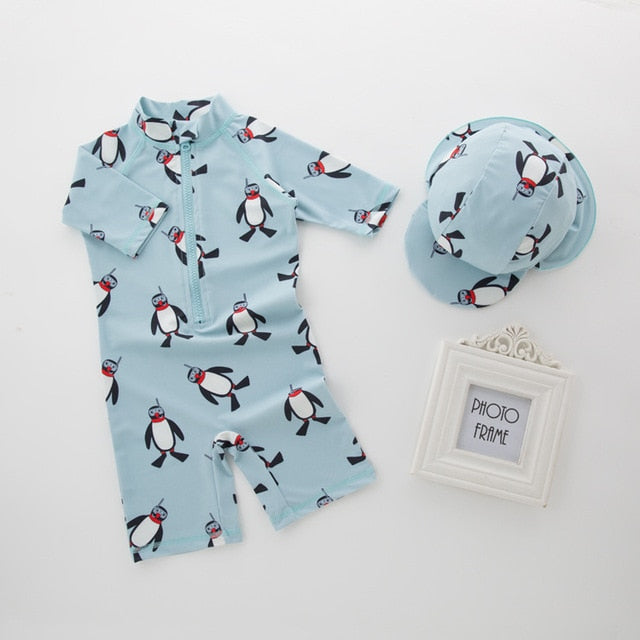 2 Pcs Baby Boy Swimwear+Hat Set