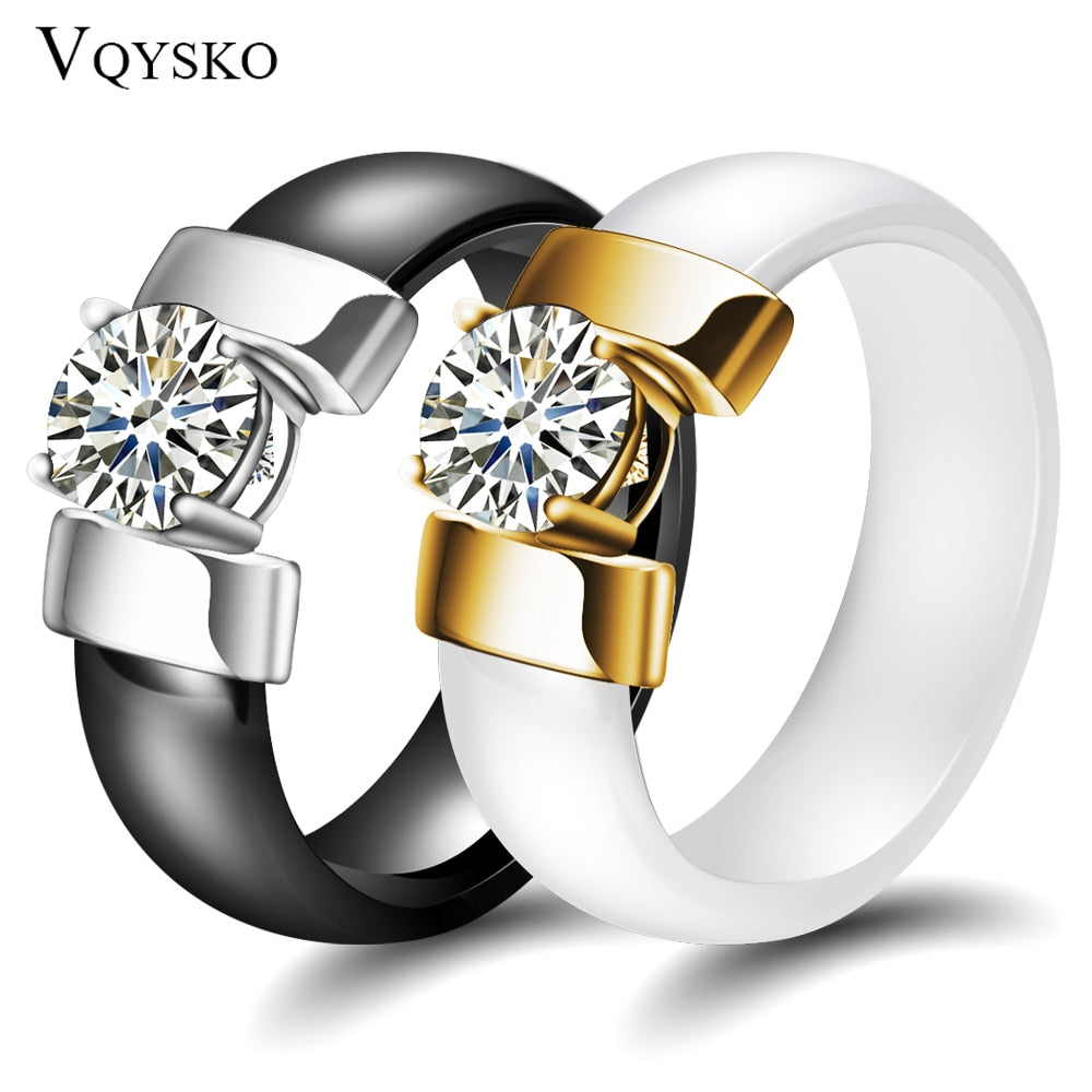 6mm White Black Ceramic Rings Plus Cubic Zirconia For Women Gold Color Stainless Steel Women Wedding Ring Engagement Jewelry - Shopeasywear