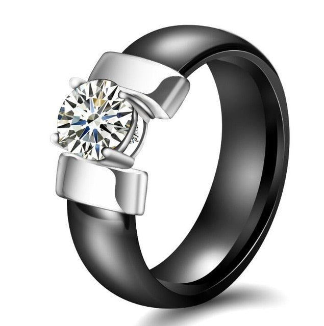 6mm White Black Ceramic Rings Plus Cubic Zirconia For Women Gold Color Stainless Steel Women Wedding Ring Engagement Jewelry - Shopeasywear