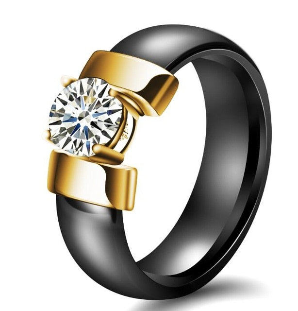 6mm White Black Ceramic Rings Plus Cubic Zirconia For Women Gold Color Stainless Steel Women Wedding Ring Engagement Jewelry - Shopeasywear