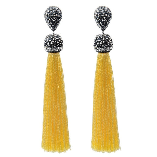 Handmade 12 Colors Long Tassel Earrings Bohemian Black Red Pink White Blue Silk Crystal Dangle Drop Earrings For Women Jewelry - Shopeasywear