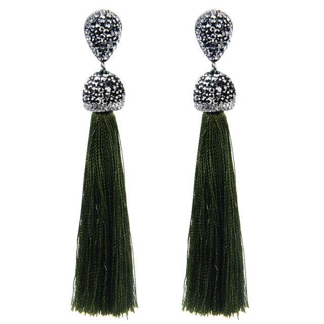 Handmade 12 Colors Long Tassel Earrings Bohemian Black Red Pink White Blue Silk Crystal Dangle Drop Earrings For Women Jewelry - Shopeasywear