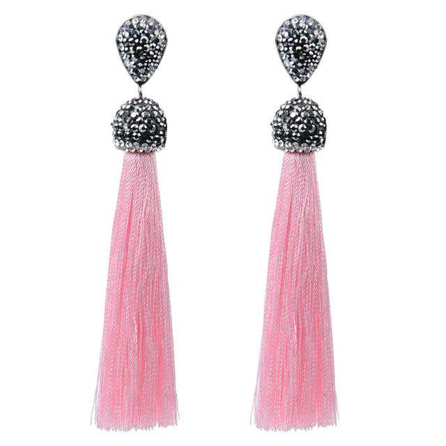 Handmade 12 Colors Long Tassel Earrings Bohemian Black Red Pink White Blue Silk Crystal Dangle Drop Earrings For Women Jewelry - Shopeasywear