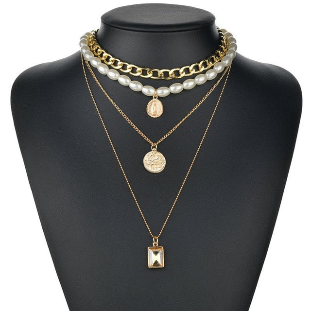 LETAPI Punk Metal Heart Choker Necklace For Women Big Thick Chain Round Hollow Multilayer Pendant Long Necklaces Jewelry - Shopeasywear