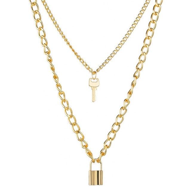 LETAPI Punk Metal Heart Choker Necklace For Women Big Thick Chain Round Hollow Multilayer Pendant Long Necklaces Jewelry - Shopeasywear