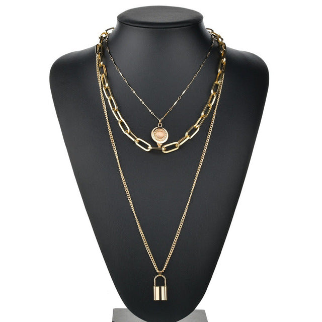 LETAPI Punk Metal Heart Choker Necklace For Women Big Thick Chain Round Hollow Multilayer Pendant Long Necklaces Jewelry - Shopeasywear