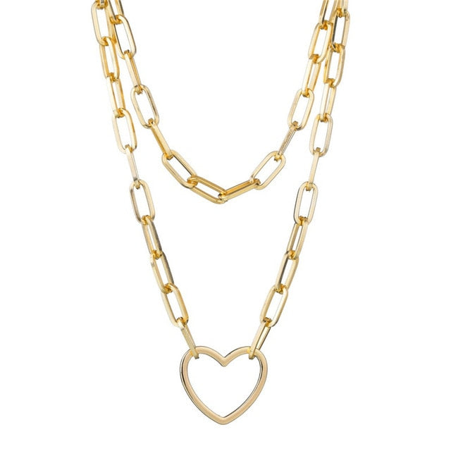 LETAPI Punk Metal Heart Choker Necklace For Women Big Thick Chain Round Hollow Multilayer Pendant Long Necklaces Jewelry - Shopeasywear