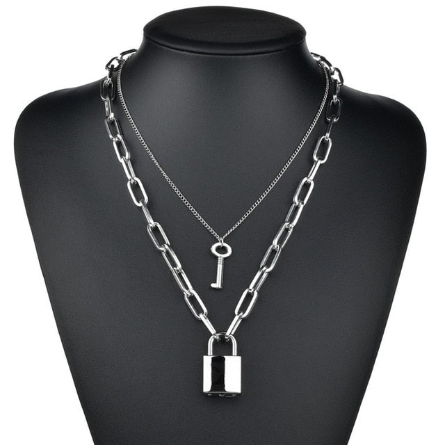 LETAPI Punk Metal Heart Choker Necklace For Women Big Thick Chain Round Hollow Multilayer Pendant Long Necklaces Jewelry - Shopeasywear