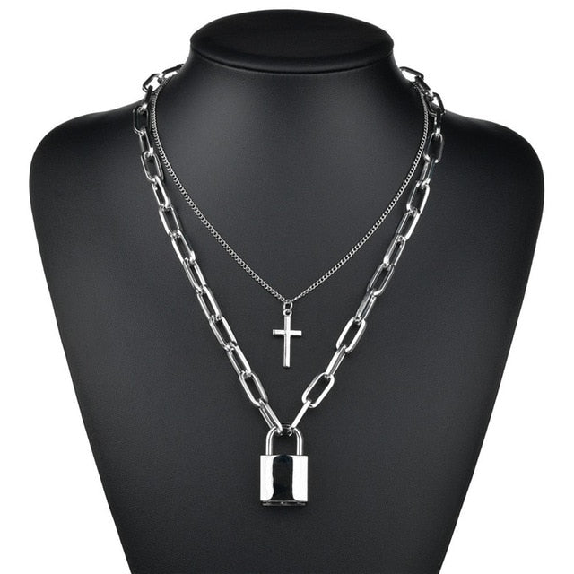 LETAPI Punk Metal Heart Choker Necklace For Women Big Thick Chain Round Hollow Multilayer Pendant Long Necklaces Jewelry - Shopeasywear