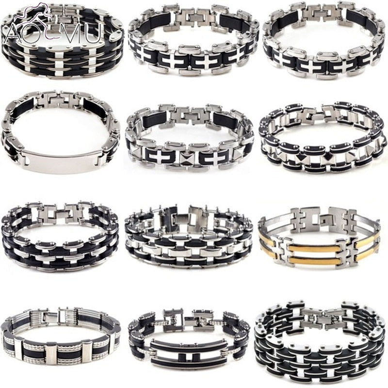 AOMU Men Silver Stainless Steel Link Chain Bracelets & Bangles Men's Cuff  Wristband Biker Motorcycle Black Silicone Bracelet - Shopeasywear