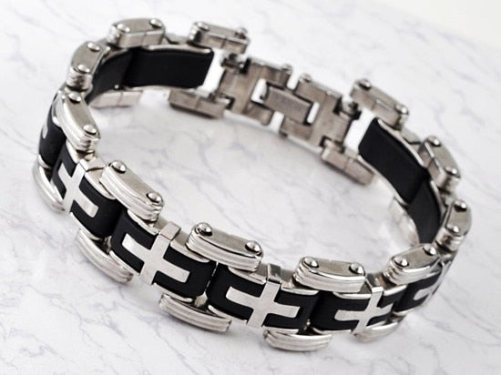 AOMU Men Silver Stainless Steel Link Chain Bracelets & Bangles Men's Cuff  Wristband Biker Motorcycle Black Silicone Bracelet - Shopeasywear