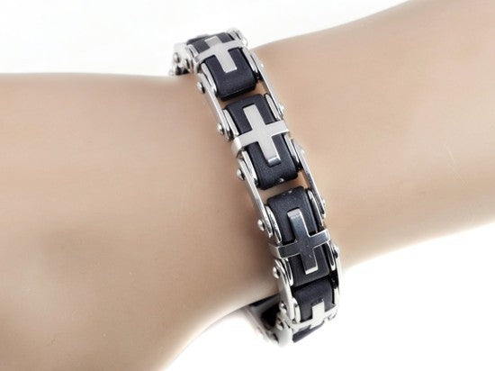 AOMU Men Silver Stainless Steel Link Chain Bracelets & Bangles Men's Cuff  Wristband Biker Motorcycle Black Silicone Bracelet - Shopeasywear