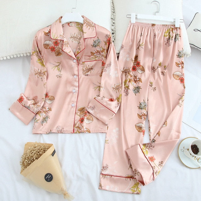Ice Silk Satin Lapel Women Pajama Set
