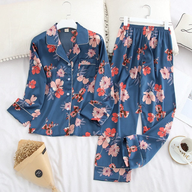 Ice Silk Satin Lapel Women Pajama Set