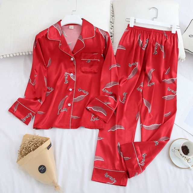 Ice Silk Satin Lapel Women Pajama Set