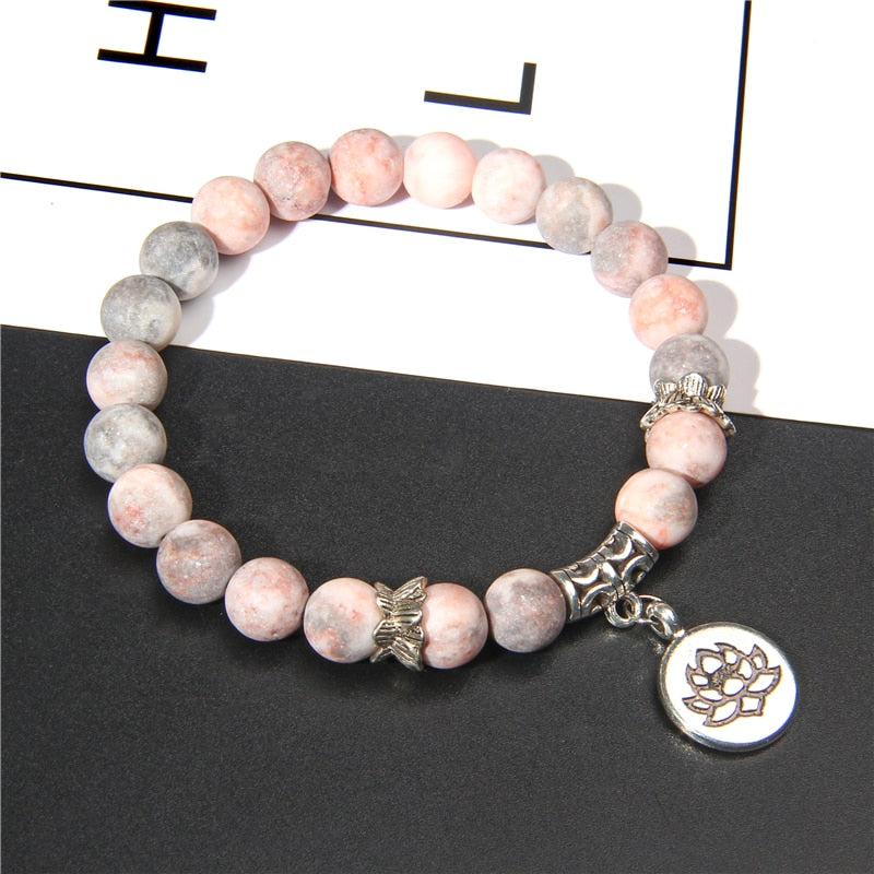 Handmade Natural Stone Lotus Ohm Buddha Beads Bracelet Pink Zebra Stone Lotus Charm Bracelet for Women Men Yoga  Jewelry Gifts - Shopeasywear