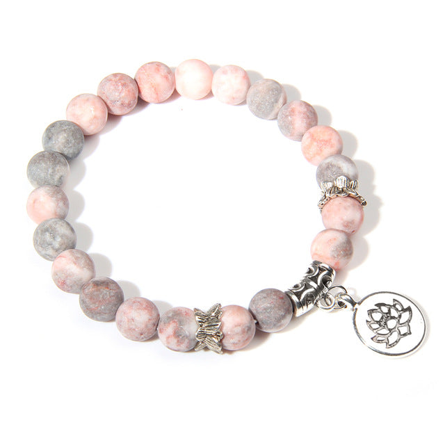 Handmade Natural Stone Lotus Ohm Buddha Beads Bracelet Pink Zebra Stone Lotus Charm Bracelet for Women Men Yoga  Jewelry Gifts - Shopeasywear