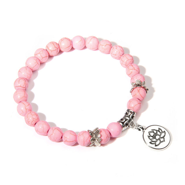Handmade Natural Stone Lotus Ohm Buddha Beads Bracelet Pink Zebra Stone Lotus Charm Bracelet for Women Men Yoga  Jewelry Gifts - Shopeasywear