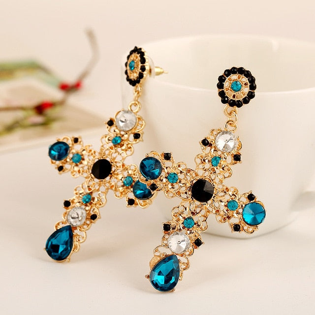 New Arrival Vintage Black Pink Crystal Cross Drop Earrings for Women Baroque Bohemian Large Long Earrings Jewelry Brincos 2020 - Shopeasywear
