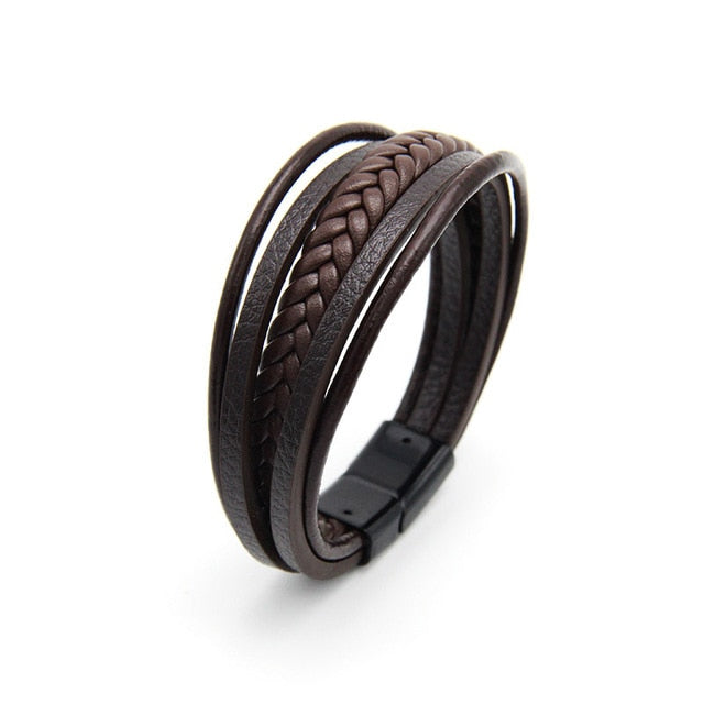 2019 fashion hand-woven multi-layer men's jewelry jewellery celebrity wind vintage alloy magnetic buckle leather bracelet - Shopeasywear