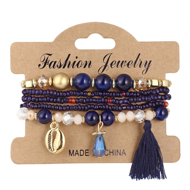 3-4pcs/set Fashion Boho Bracelets & Bangles Women Stone Beaded Bracelet Set With Colorful Gem Long Wrap Bracelet for Women - Shopeasywear