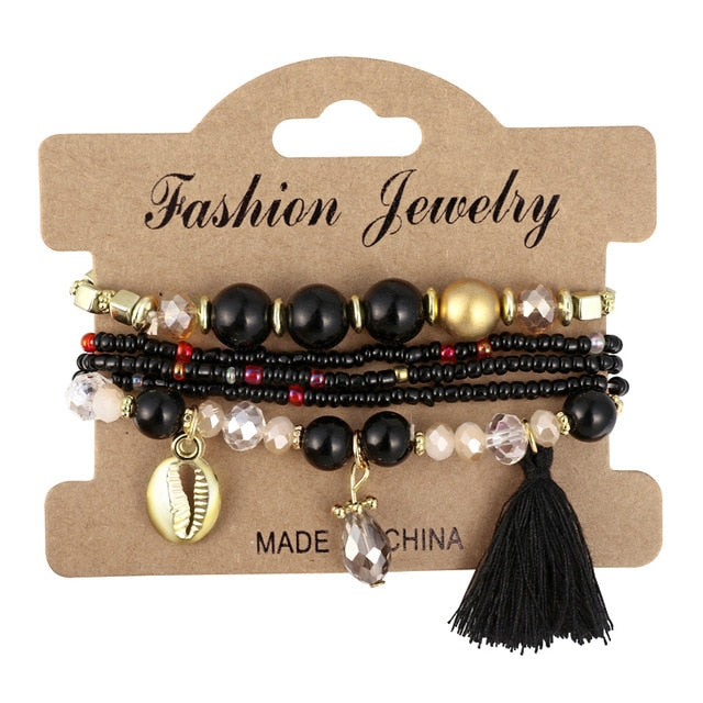 3-4pcs/set Fashion Boho Bracelets & Bangles Women Stone Beaded Bracelet Set With Colorful Gem Long Wrap Bracelet for Women - Shopeasywear