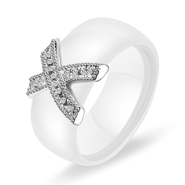 6mm White Black Ceramic Rings Plus Cubic Zirconia For Women Gold Color Stainless Steel Women Wedding Ring Engagement Jewelry - Shopeasywear