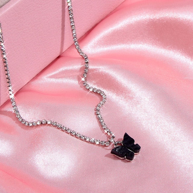 JJFOUCS Fashion Butterfly Crystal Chain Necklace For Women Acrylic Resin Silver Color Choker Necklace Jewelry Wedding Gift - Shopeasywear