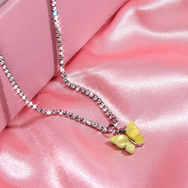 JJFOUCS Fashion Butterfly Crystal Chain Necklace For Women Acrylic Resin Silver Color Choker Necklace Jewelry Wedding Gift - Shopeasywear