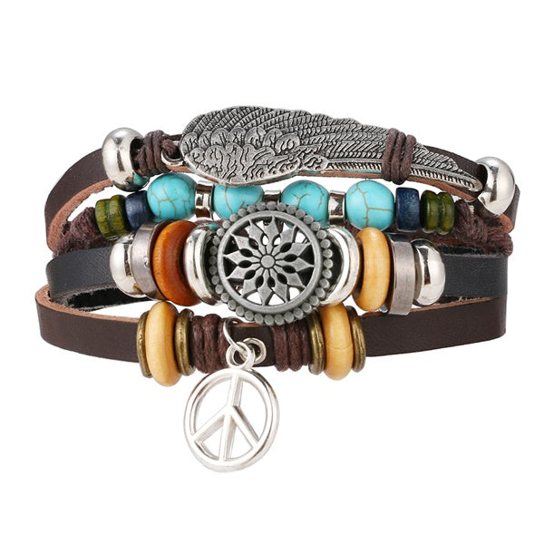IFMIA Vintage Leather Bracelet Fashion Hand-knitted Multi-layer Leather Feather Leaf Bracelet and Fashion Men's Bracelet Gift - Shopeasywear
