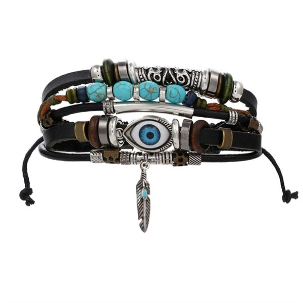 IFMIA Vintage Leather Bracelet Fashion Hand-knitted Multi-layer Leather Feather Leaf Bracelet and Fashion Men's Bracelet Gift - Shopeasywear