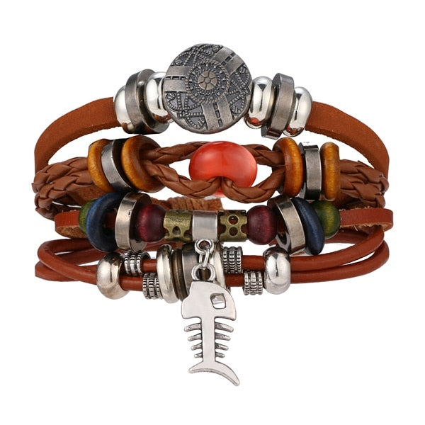 IFMIA Vintage Leather Bracelet Fashion Hand-knitted Multi-layer Leather Feather Leaf Bracelet and Fashion Men's Bracelet Gift - Shopeasywear