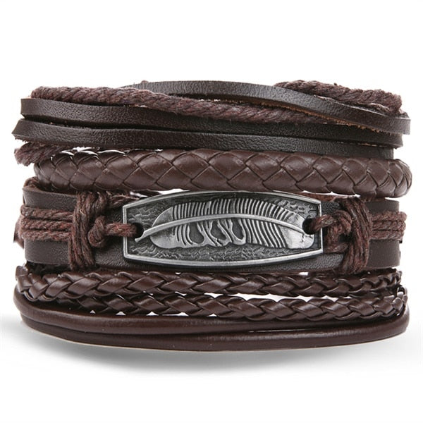 IFMIA Vintage Leather Bracelet Fashion Hand-knitted Multi-layer Leather Feather Leaf Bracelet and Fashion Men's Bracelet Gift - Shopeasywear