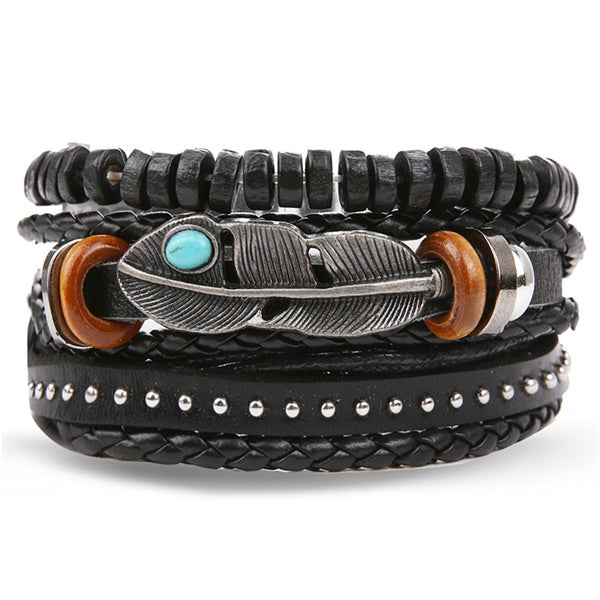 IFMIA Vintage Leather Bracelet Fashion Hand-knitted Multi-layer Leather Feather Leaf Bracelet and Fashion Men's Bracelet Gift - Shopeasywear