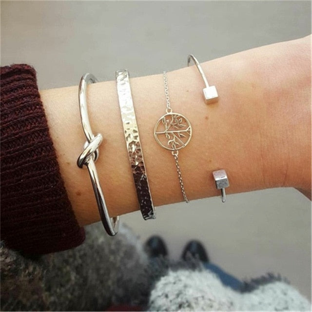 4 pcs/set Fashion Bohemia Leaf Round Knot cuff Bangle Gold Chain Charm Bracelet Bangle for Women Simple Geometric Bracelets - Shopeasywear
