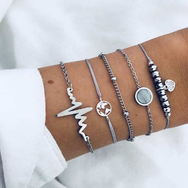 4 pcs/set Fashion Bohemia Leaf Round Knot cuff Bangle Gold Chain Charm Bracelet Bangle for Women Simple Geometric Bracelets - Shopeasywear