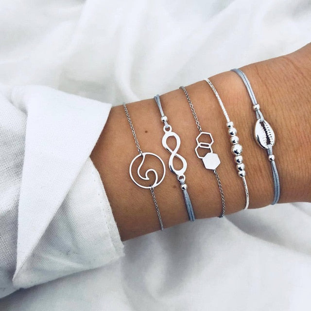 4 pcs/set Fashion Bohemia Leaf Round Knot cuff Bangle Gold Chain Charm Bracelet Bangle for Women Simple Geometric Bracelets - Shopeasywear