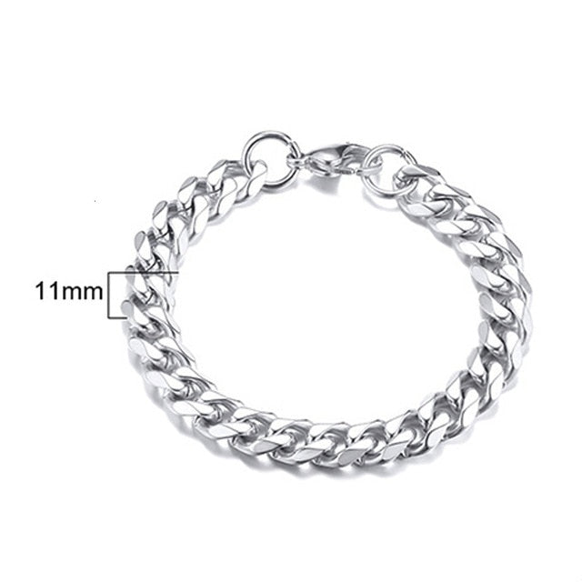 PUNK SILVER COLOR CURB CHAIN BRACELET FASHION MEN'S STAINLESS STEEL BANGLE BRACELETS 3MM 5MM 7MM 9MM 11MM - Shopeasywear