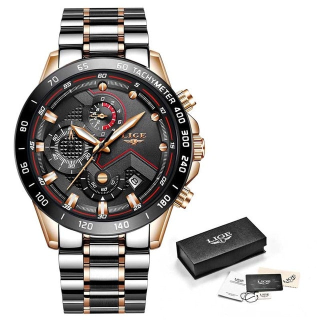 LIGE hommes montres haut de gamme en acier inoxydable de luxe bleu étanche montre à Quartz hommes mode chronographe mâle Sport montre militaire - Shopeasywear