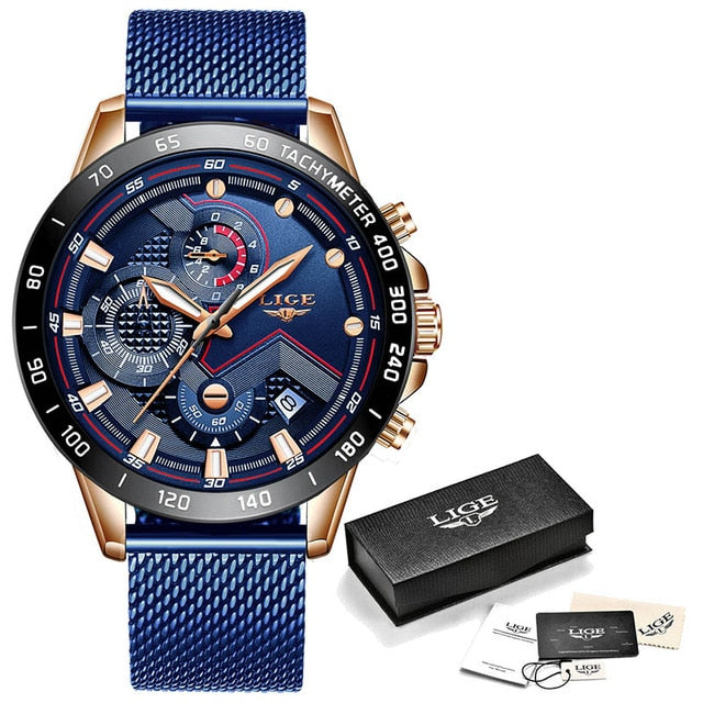 LIGE hommes montres haut de gamme en acier inoxydable de luxe bleu étanche montre à Quartz hommes mode chronographe mâle Sport montre militaire - Shopeasywear