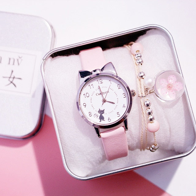 Kids Watches Students Children Pink Watch Girls sale Leather Child Hours Black Cat Quartz Wristwatch Girl Gift Clocks reloj часы - Shopeasywear