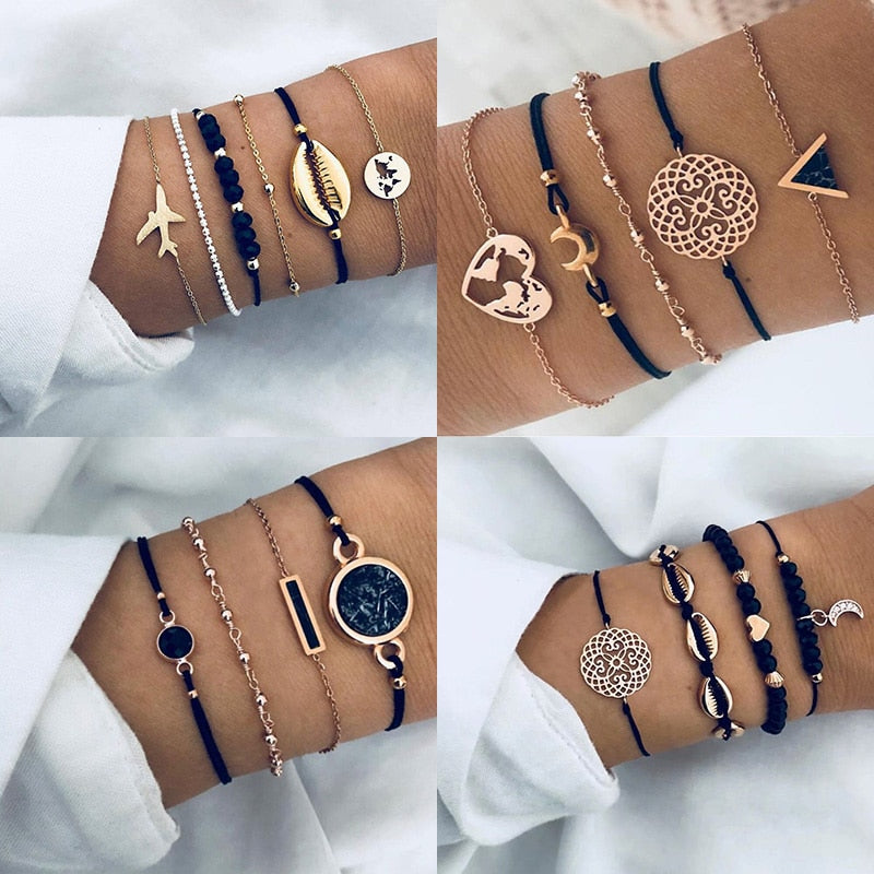 New Bohemian Black Rope Chain Bracelet Set For Women aircraft Shell Moon Heart crystal Charm Bangle Personalized Jewelry - Shopeasywear