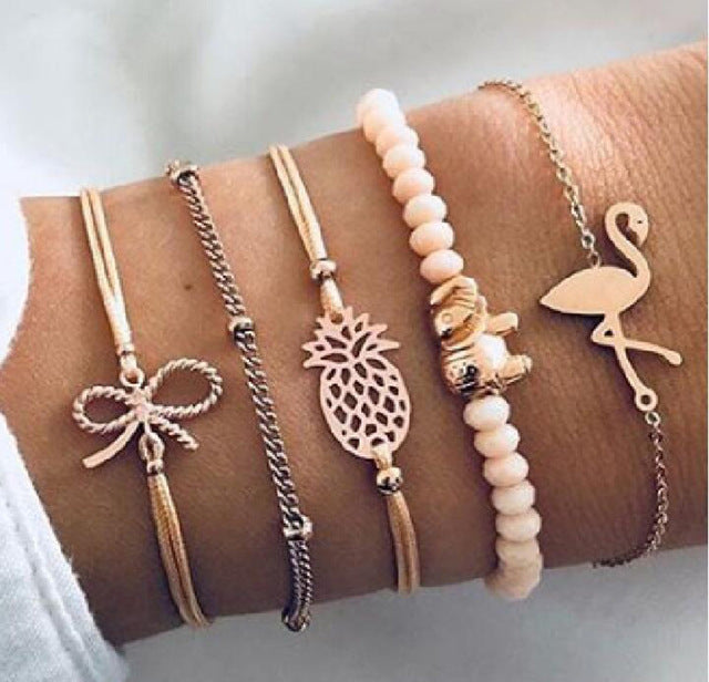 New Bohemian Black Rope Chain Bracelet Set For Women aircraft Shell Moon Heart crystal Charm Bangle Personalized Jewelry - Shopeasywear