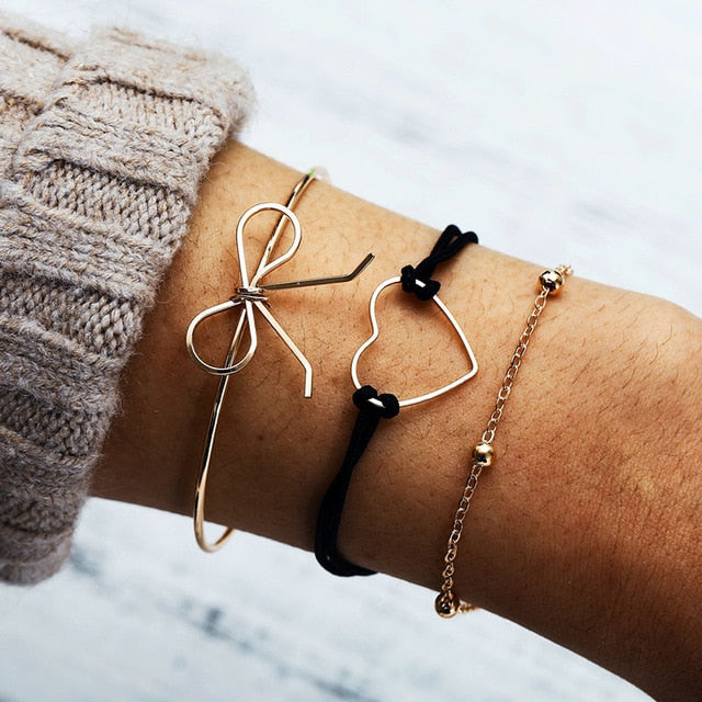 New Bohemian Black Rope Chain Bracelet Set For Women aircraft Shell Moon Heart crystal Charm Bangle Personalized Jewelry - Shopeasywear