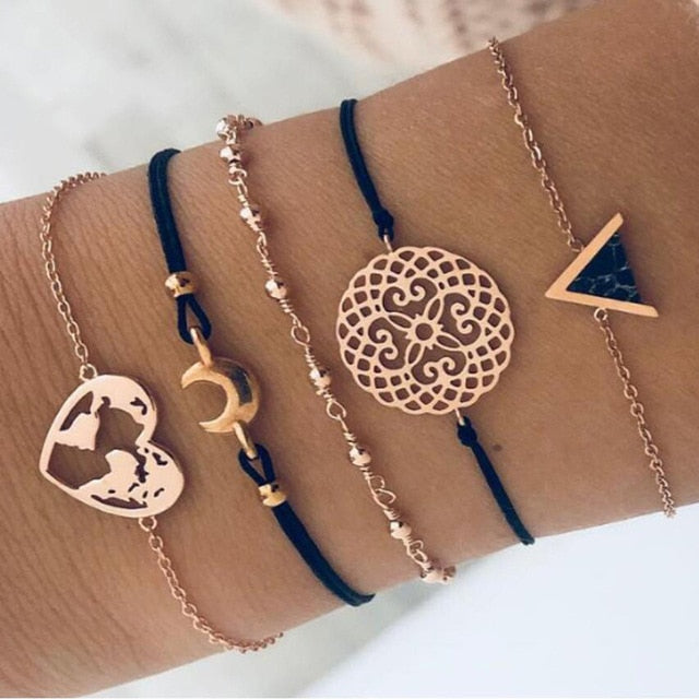 New Bohemian Black Rope Chain Bracelet Set For Women aircraft Shell Moon Heart crystal Charm Bangle Personalized Jewelry - Shopeasywear