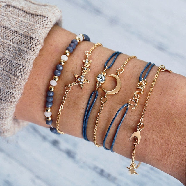 New Bohemian Black Rope Chain Bracelet Set For Women aircraft Shell Moon Heart crystal Charm Bangle Personalized Jewelry - Shopeasywear