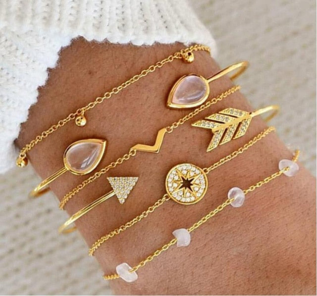 New Bohemian Black Rope Chain Bracelet Set For Women aircraft Shell Moon Heart crystal Charm Bangle Personalized Jewelry - Shopeasywear