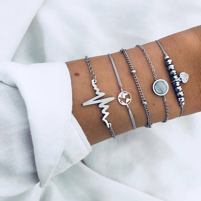New Bohemian Black Rope Chain Bracelet Set For Women aircraft Shell Moon Heart crystal Charm Bangle Personalized Jewelry - Shopeasywear